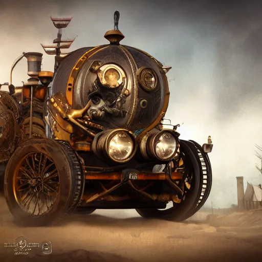 A steam powered car, Steampunk, digital painting, digital illustration, extreme detail, digital art, 4k, ultra hd, storybook illustration, , octane render, octane 3d