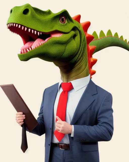 A dinosaur working as an accountant wearing a tie