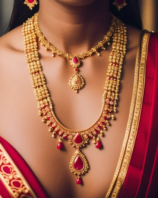 Image of a gold necklace, the necklace is of temple jewellery in design, with ruby work. Sharp freatures necklace with creatures on the necklace. The background is of out of focus hindu temple entrance 