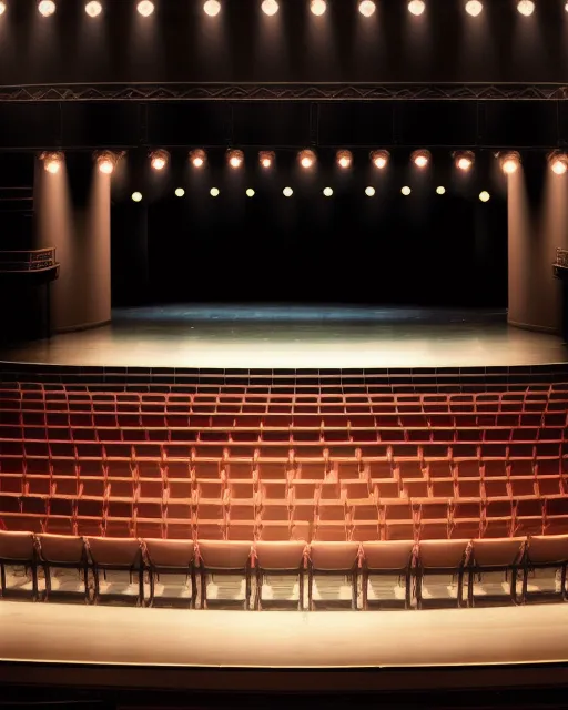 Broadway stage abandoned and empty with one lonely audience member 