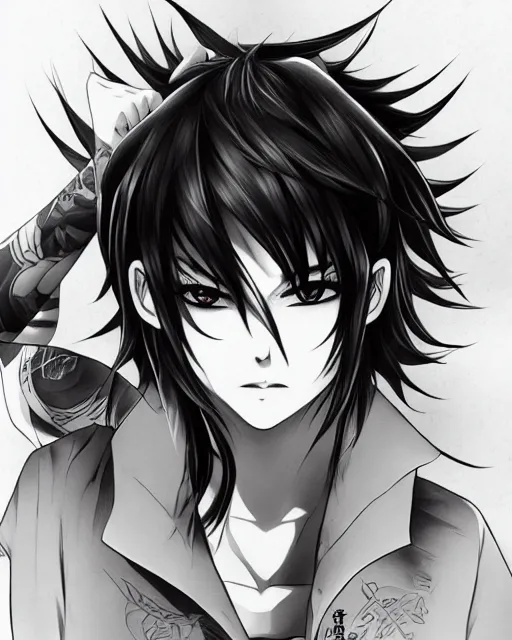 A cute anime boy with black hair in a black hoodie w  OpenArt