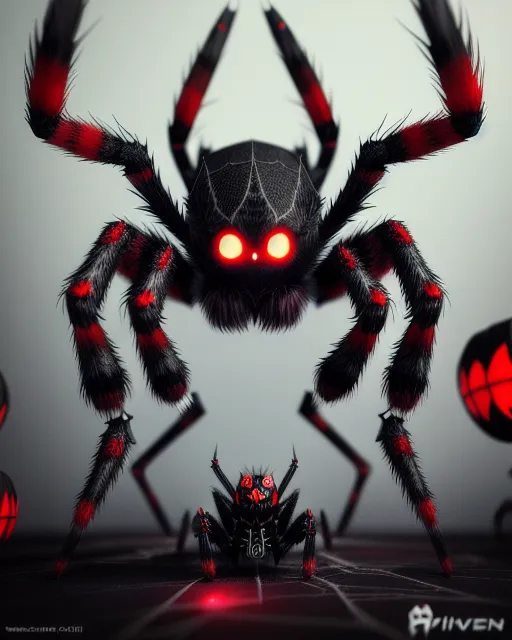 a scary furry spider with red eyes, big teeth, sitting on a web, bones and skeletons around, extreme detail, ultra hd, hyper detailed, photorealistic