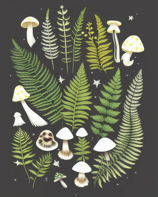 Moon, moths, stars, ferns, mushrooms