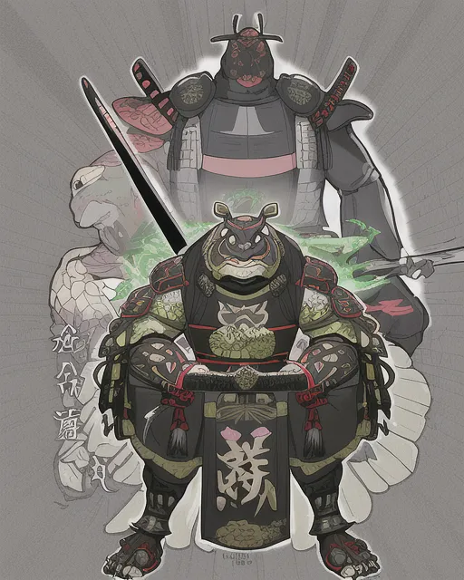 Tortoise as a samurai turtle black samurai gear and samurai armor Human body but keeping tortoise features. Holding samurai sword