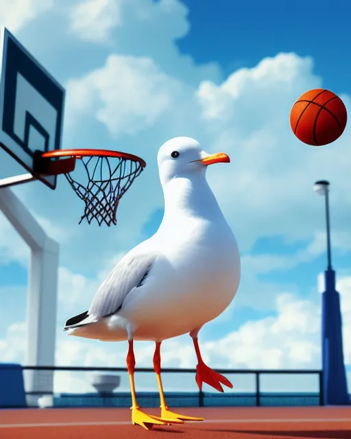 Steven seagull playing basketball in the futuristic Hood, hd photo realistic hyper detailed hyper realism 8k 