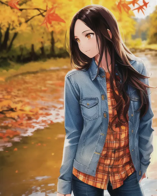 Cute young girl fair skin long dark brown hair orange eyes wearing a light blue plaid shirt and denim shirts wading in creek water autumn maple trees fall color orange leaves cheerful sunny 