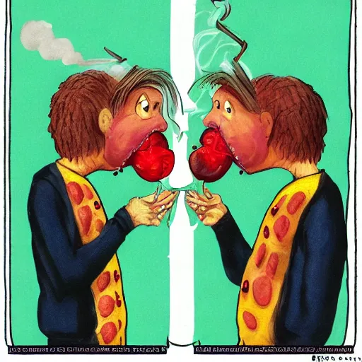 One conjoined twin eating fruits and vegetables the other conjoined twin smoking cigarettes and drinking whiskey 