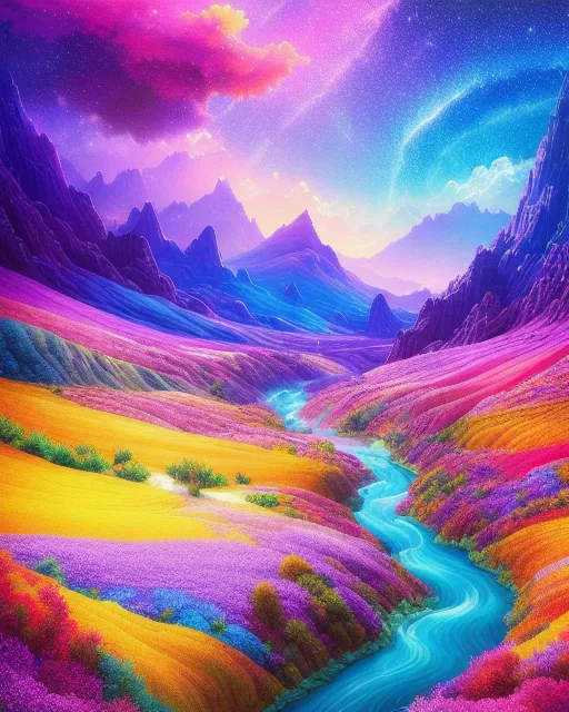 Valley with a river of colorful bliss, extreme detail,  digital art,  4k,  ultra hd,  detailed,  vibrant,  sharp focus,  wlop,  unreal engine, beautiful fantasy landscape,  realistic and natural,  cosmic sky,  detailed full-color,  nature,  hd photography,  realistic surrealism,  elements by nasa,  magical,  detailed,  gloss,  hyperrealism