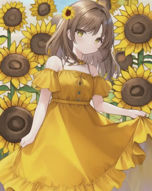 A girl Brown hair yellow dress - Free AI Photo Generator - starryai