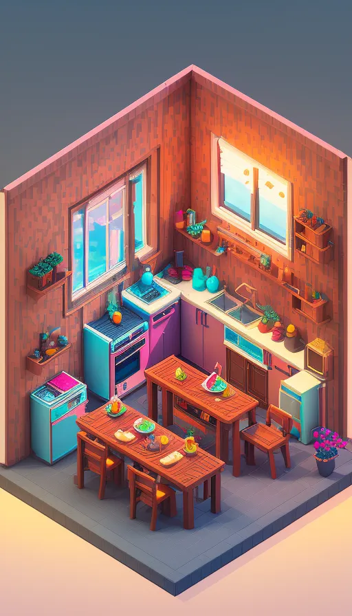 Detailed isometric kitchen dining art, - AI Photo Generator - starryai