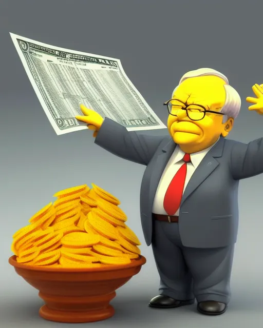 A 3d illustration of Warren buffet using the stock market to control the inflation of the cost of living, cartoon imagery inspired by the creators of the Simpsons, Seth Rogan, Similar realistic effects of TED the movie (fantasy, realistic, and futuristic design, UHD)