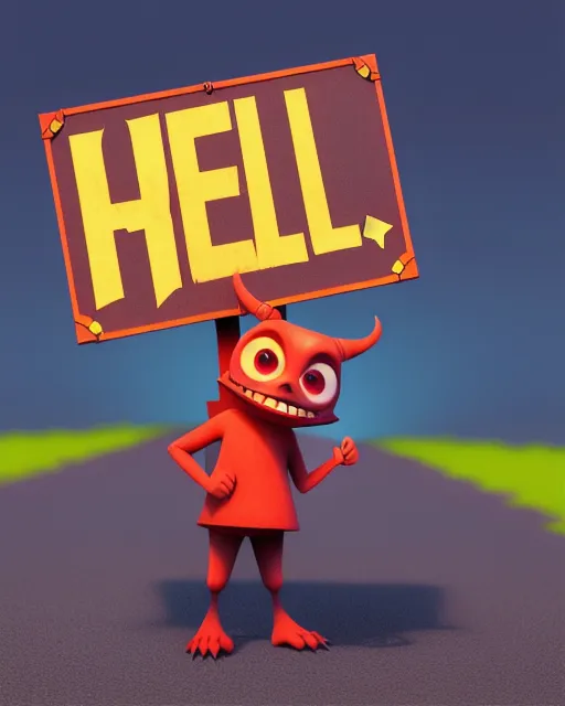 Devil Hitchhiking On The Side Of The Road Holding A Sign That Reads ”HELL”