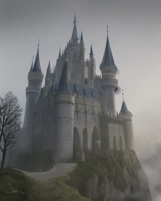 A castle with a perfect moon in background, moon lighting castle, dungeon and dragons theme, misty fog, 8k, insanely beautiful