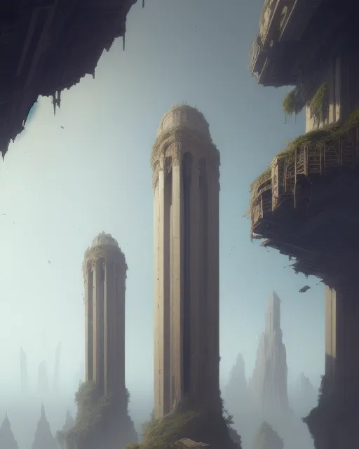 A World Where Its Entirely Void Except For Pillars That Extend From Nothing That Have Buildings On Them