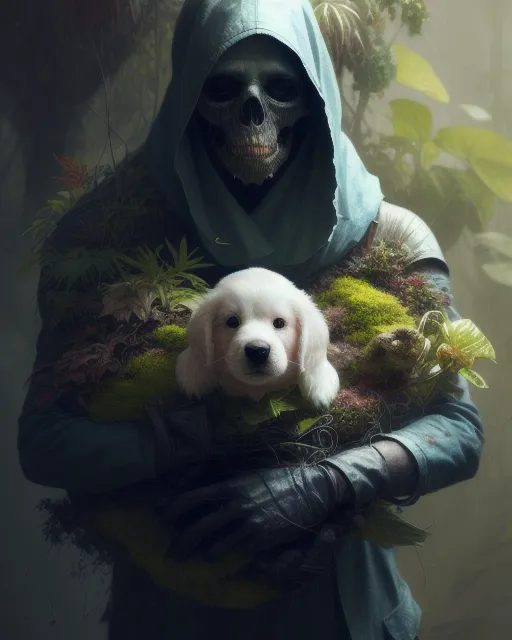 Death covered in plants and holding a puppy