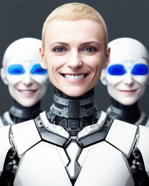 Cyborgs ruling the world close up portrait with white background smiling 