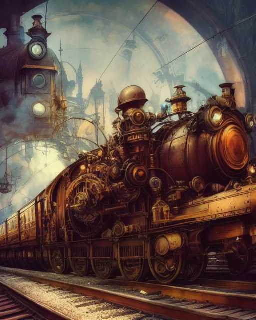 Steampunk train on tracks ,Breathtaking Fantasycore Artwork By Android Jones, Jean Baptiste Monge, Alberto Seveso, Erin Hanson, Jeremy Mann. Intricate Photography, A Masterpiece, 8k Resolution Artstation, Unreal Engine 5, Cgsociety, Octane Photograph