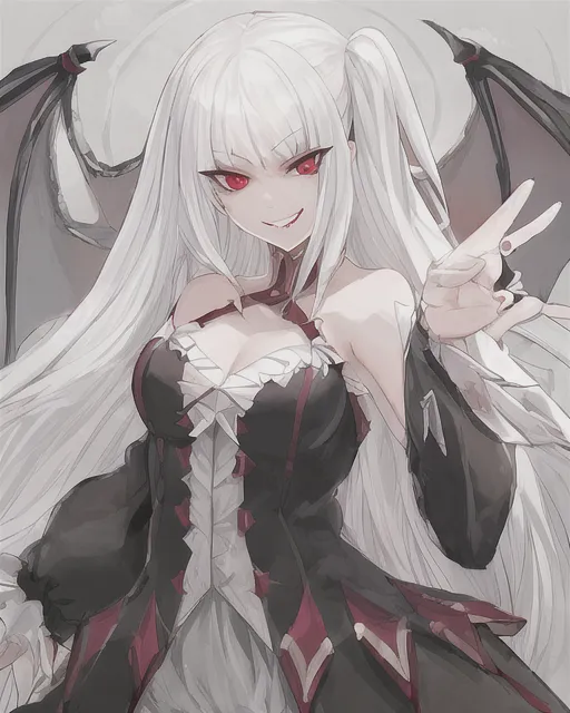 White hair anime girl, vampire, cheeky - AI Photo Generator - starryai