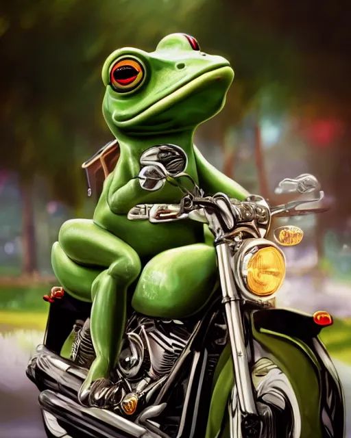 Green Frog riding a motorcycle 16 - Free AI Photo Generator - starryai