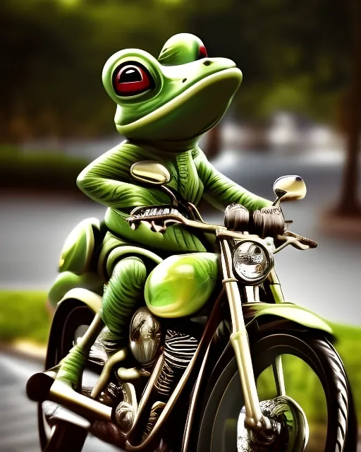 Green Frog riding a motorcycle 16 - Free AI Photo Generator - starryai