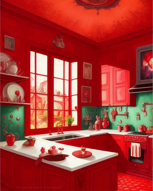 Paulas kitchen, red decor, , digital painting,  digital illustration,  extreme detail,  digital art,  4k,  ultra hd, Anna Dittmann, fantasy art, beautiful, elaborate, meticulous, pop art