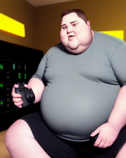 fat human plays videogames - AI Photo Generator - starryai