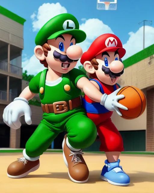 Both Mario Luigi playing b-ball anime - AI Photo Generator - starryai