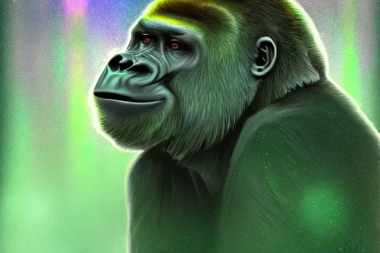 The wait is over for one gorilla, but just beginning for another. Green gold fireworks., radiant, mysterious, ethereal, trending on artstation