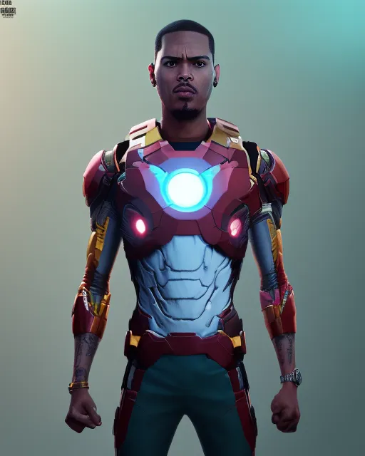 A Chris brown meets T.I. Cartoon character, realistic game art, 3d, lots of color, comically detailed character, vivid and vibrant art, a cross of American Dad and The Avengers, without iron man, 