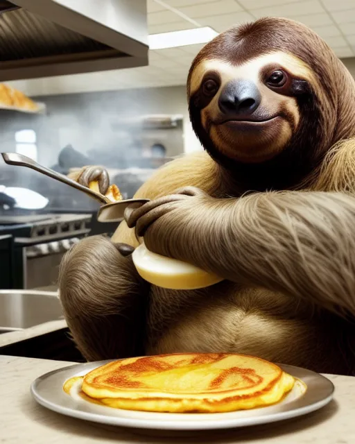 Giant sloth cooking breakfast - AI Photo Generator - starryai