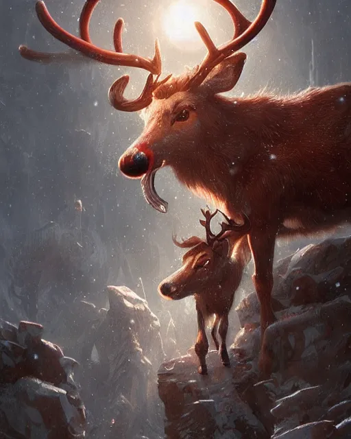 Rudolph the rancid reindeer, Hyper detailed, fantasy art, digital painting, hyperrealism, by Greg Rutkowski, by Johan Grenier, trending on artstation, fantasy art, astral, beautiful, galactic, hyperdetailed, radiant, digital illustration