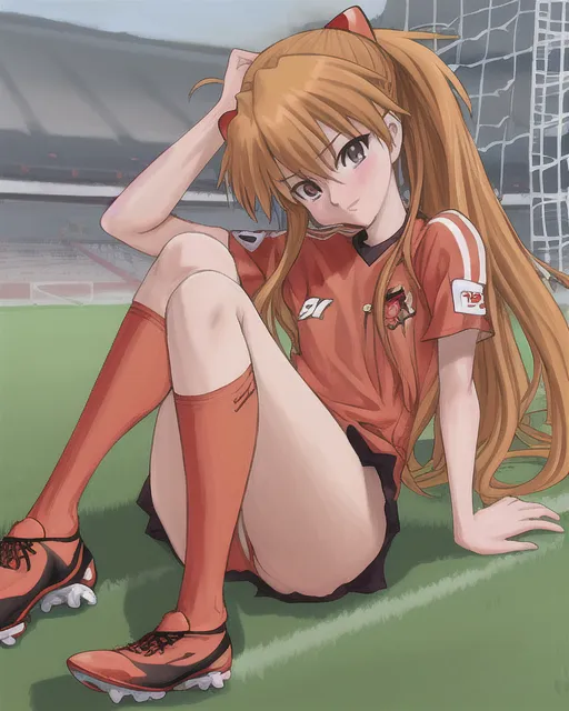 Asuka langley shikinami soccer uniform cleats scoring a goal 