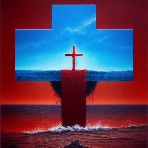 a christian cross,bleeding, into the ocean, oil on canvas, Zdzisław Beksiński, Unsplash contest winner