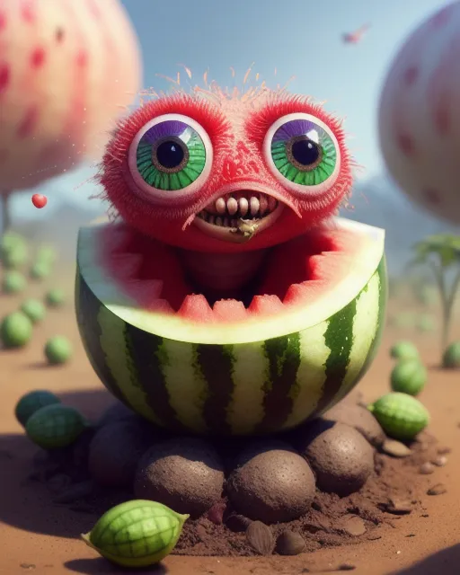 Cute watermelon creatures in the dirt, big eyes, extreme detail, hyper realistic, 4k uhd, 8k digital photography, intricate, complex, perfect light, dynamic, impeccable digital art, sharp, focused, high resolution, cinematic