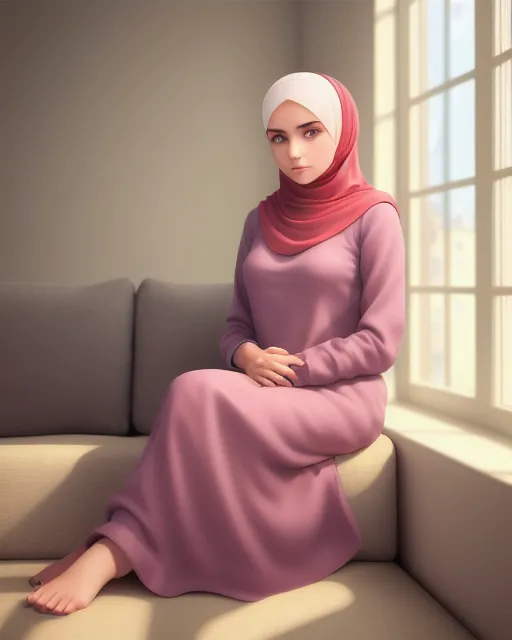 A beautiful young teen woman, wearing hijab, perfect face, sitting on a sofa, relaxed pose, legs crossed, by netter, beautiful eyes, full body portrait, wide shot, oil painting, concept art, smooth, sharp focus, illustration, living room, very detailed, ambient lighting, unreal engine render, concept art, blushing skin with warm highlights; centered, (realistic); sharp focus, ultra high definition, elegant, cinematic lighting, professionally retouched, delicate, detailed, soft skin, a character portrait [by Artgerm and WLOP and Greg Rutkowski and Ilya Kuvshinov],