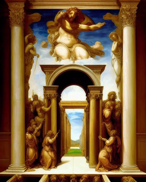 Heavens gates, Michael Angelo style,fine art,ancient oil on canvas, Masterpiece extreme detail 