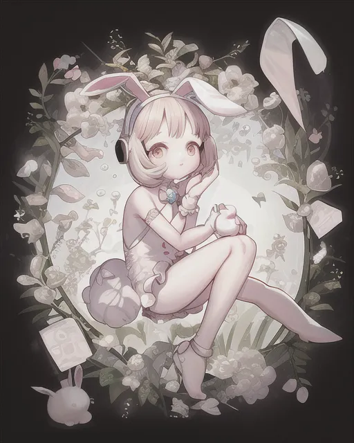 A small bunny holding a pearl, listening to music 
