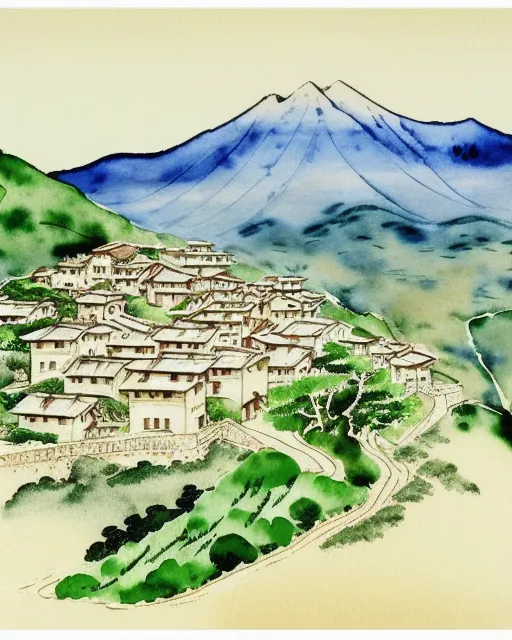 A mountainside Italian village, katsushika hokusai, chinese watercolor, watercolor