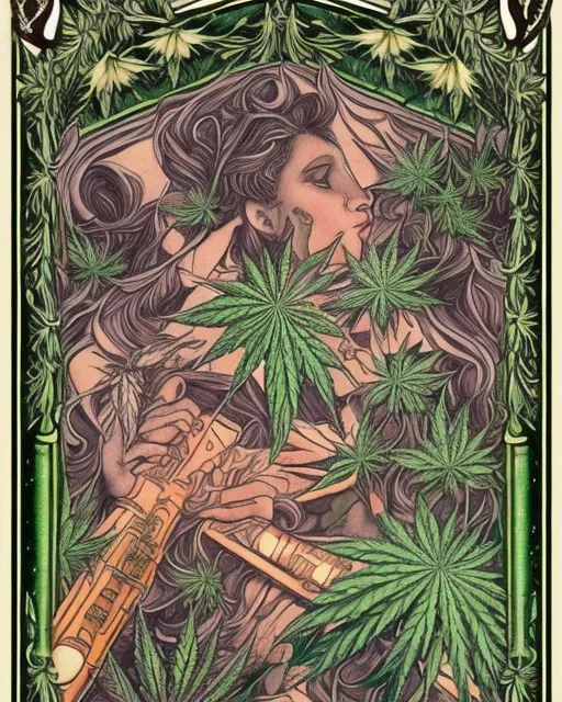 A Tarot deck and a Flute are surrounded by highly detailed cannabis leaves and highly detailed cannabis inflorescences