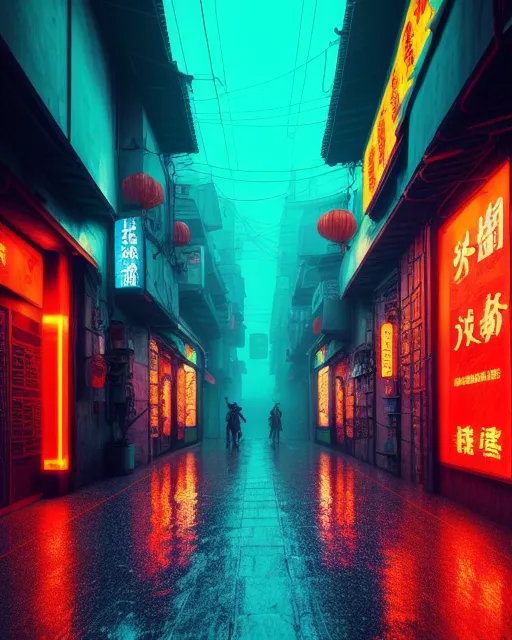 Chinese cyberpunk street by night, nightlights on the busy street, omnious dark atmosphere, orange and teal blue lights, cinematic,  dramatic, dark, mysterious, rainy glossy concrete 