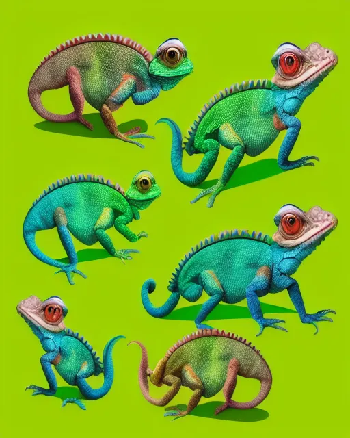 Chameleon. Very colourful. Top left of the picture. Green background, 2d vector illustration portrait,  beautiful,  vibrant,  digital art