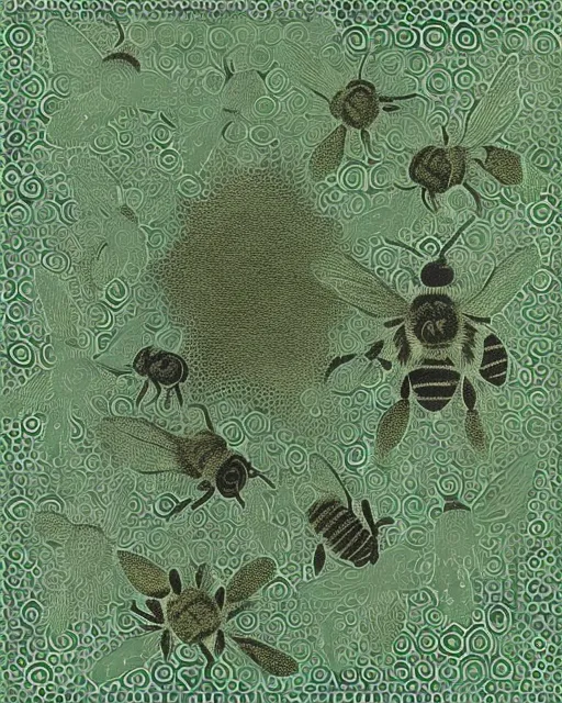 A family of bees in the style of an Inuit relief print,  cosmograph , spiritual, black-green,  stars, tulpas, photorealistic, national geographic, high resolution