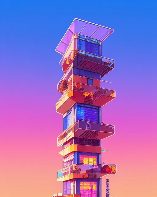 "Rustic Futuristic Cyberpunk Retrowave Synthwave Anime Shining Glass Tower In A Deserted City" - A Minimalist Shining Glass Tower In A Deserted City, Italy With Vibrant And Colorful Anime-Style Elements, Combined With Rustic Touches. The City Is Composed Of Rolling Hills And A Shining Glass Tower, With A Cozy And Inviting Atmosphere. The Sky Is A Soft Shade Of Orange