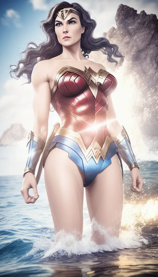 Wonder Woman 👩 coming out water 🌊 - AI Photo Generator - starryai