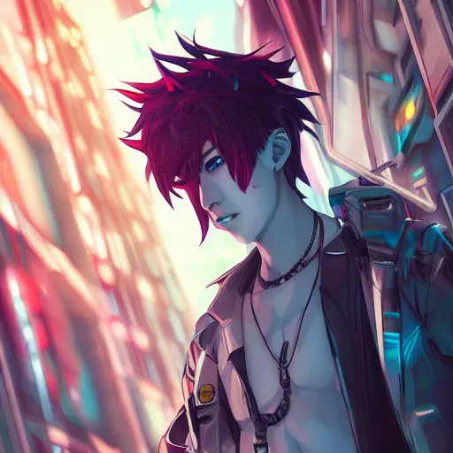  Alternativ trans boy cyberpunk city, anime charac