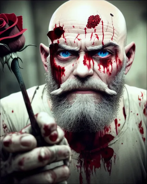 Sickly frail middle aged bald man with a white beard hand out begging highly detailed post apocalyptic survivor urban decay with a beautiful highly detailed blood red rose infinitely intricate in detail grows from gnarled highly detailed hand