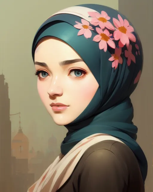 A digital painting of a beautiful hijab female, wearing floral hijab, by netter, style from greg rutkowski, beautiful eyes, full frame, oil painting, featured on artstation, concept art, smooth, sharp focus, illustration, very detailed, ambient lighting, unreal engine render, concept art by Atey Ghailan, by Loish, by Bryan Lee O'Malley