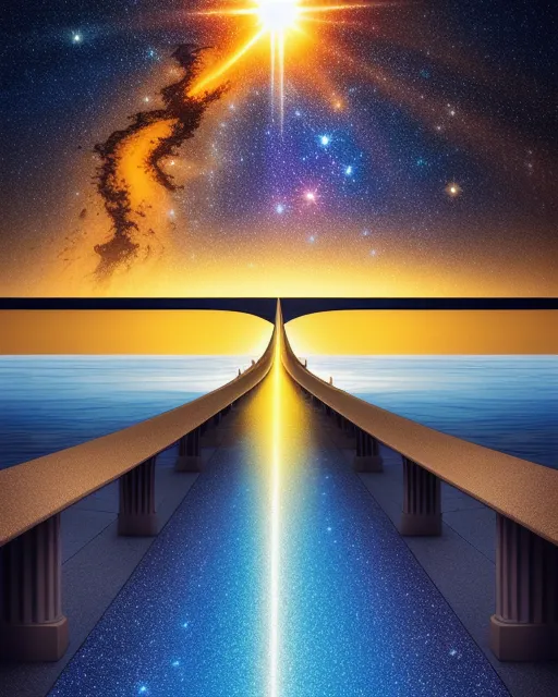 Causeway through space and time ,  realistic and natural,  detailed full-color,  hd photography,  fantasy by john stephens,  galen rowell,  david muench,  james mccarthy,  hirō isono,  magical,  detailed,  gloss, beautiful, radiant, colorful, golden hour, cosmic, sunny, vapor, vibrant, flickering light