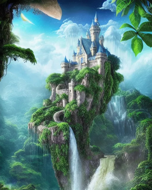 Castle sky a waterfall flowing - Free AI Photo Generator - starryai