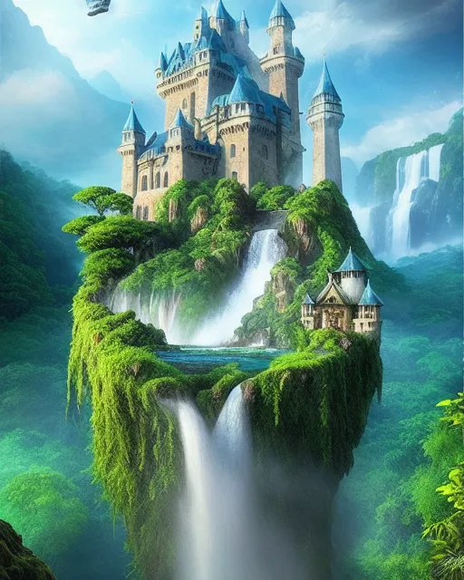 Castle sky a waterfall flowing - Free AI Photo Generator - starryai